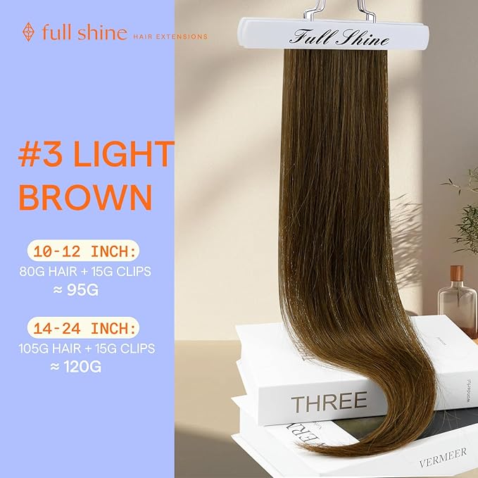 Full Shine Real Hair Extensions Clip in Human Hair Brown Clip in Extensions Light Brown Hair Extensions Real Human Hair Soft Straight 20 Inch 7 Pcs 120 G