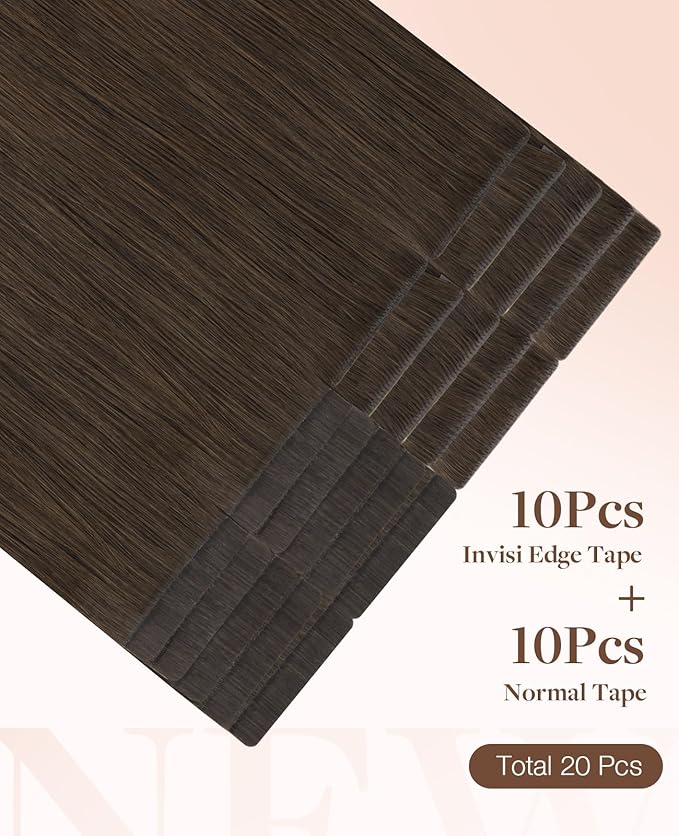 GOO GOO Invisi Edge Tape in Hair Extensions Human Hair, 2A Light Brown 10pcs injected with 10pcs classical tape ins, 24inch 50g, Virgin Remy Hair, Natural Look