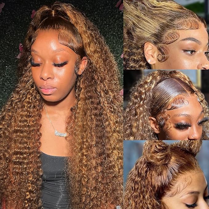 Hidden Strap Deep Wave 360 Lace Front Wigs Human Hair Highlight Ombre full lace Deep Curly Honey Blonde 4/27 Human Hair Wig with invisible drawstring Ombre 360 Glueless Wigs Human Hair 30 Inch