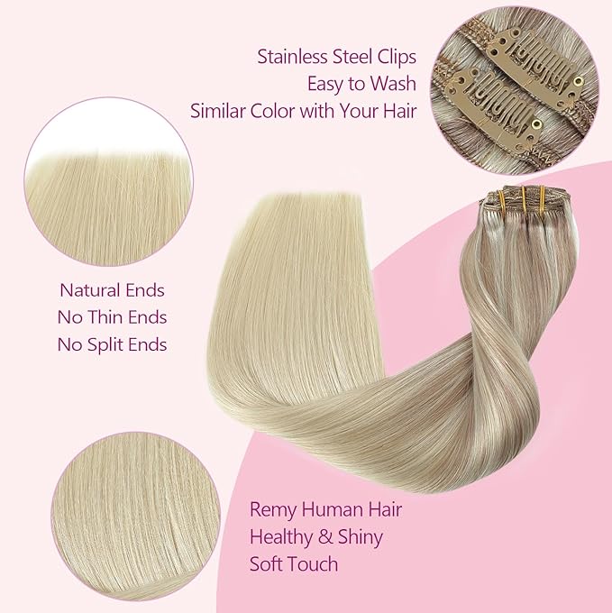 PINKPEARL Clip in Hair Extensions Straight Human Hair #18/22/60 Balayage Ash Blonde to Golden Blonde and Platinum Blonde 7pcs 120g 22 Inch Real Hair Clip in Extensions(#18/22/60-22)