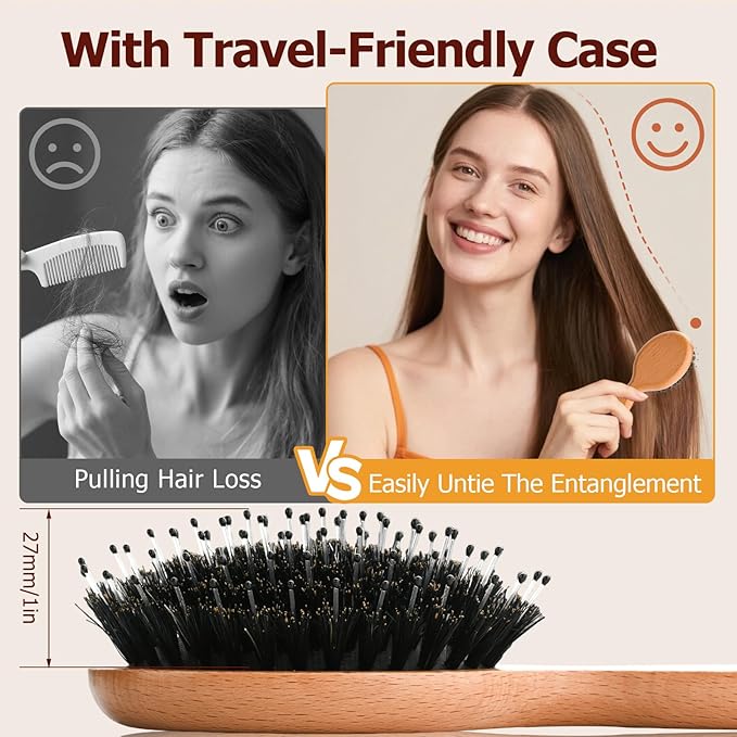 Travel Hair Brush, Mini Boar Bristle Hair Brush for Women Gift- Small Portable Compact HairBrush for Girls Kids Women Best Gift, Travel Size for Purse, Vacation, Business Trips & Outings