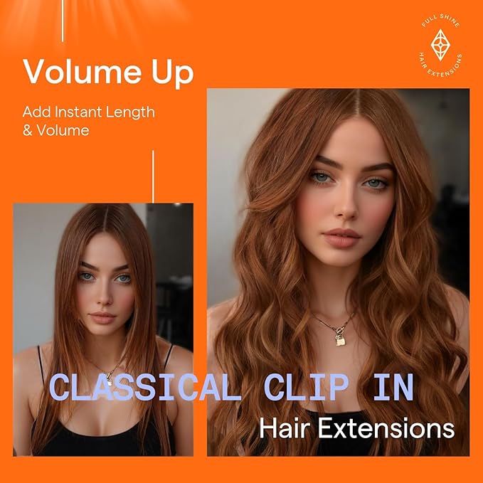 Full Shine Auburn Brown Clip in Hair Extensions Auburn Hair Extensions Clip ins for Straight Hair for White Women Triple Weft 16 Inch 7 Pcs 120 G