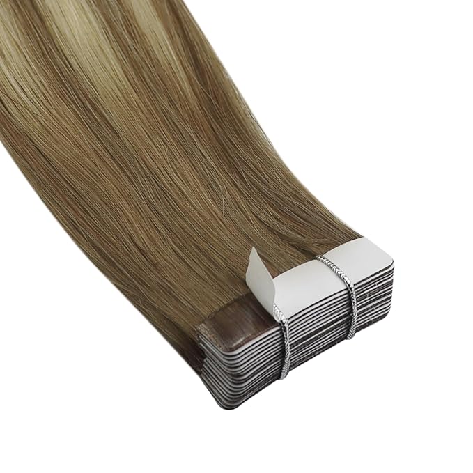YoungSee Tape in Extensions Human Hair Balayage Brown Hair Extensions Tape in Ombre Light Brown to Blonde Tape-in Hair Extensions Real Human Hair 14 Inch 20pcs 50g for Daily