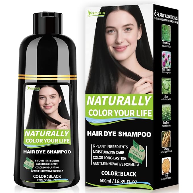 Black Hair Dye Shampoo for Women & Men, 15 Min Gray Coverage, 3 in 1 Semi-Permanent Color with Natural Herbal Ingredients