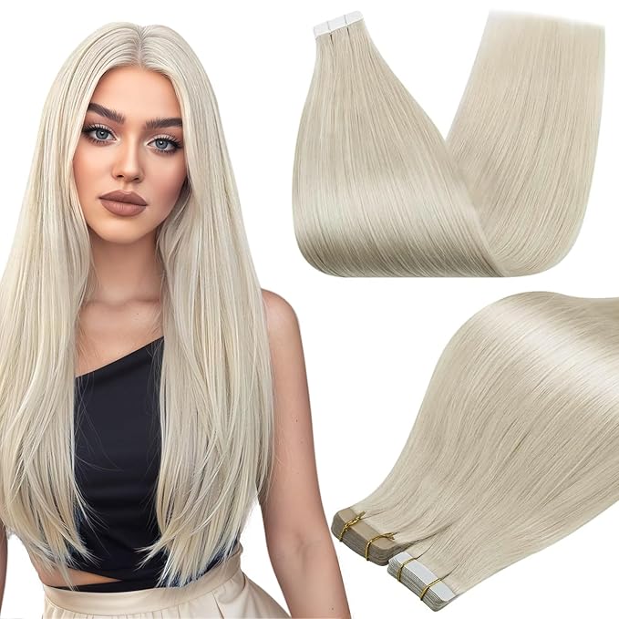 Full Shine White Blonde Human Hair Tape in Extensions Tape in Human Hair Extensions Invisible Skin Weft Natural Straight Extension Lightweight 22Inch Instant Volume Boost 50G 20Pcs