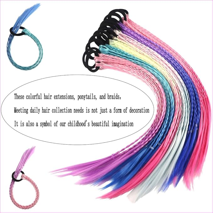 Colored Braids Hair Extensions with Rubber Bands Rainbow Braided Synthetic Hairpieces Ponytail Hair Accessories for Women Kids Girls Party Highlights Cosplay Dress Up (12PCS C Style)