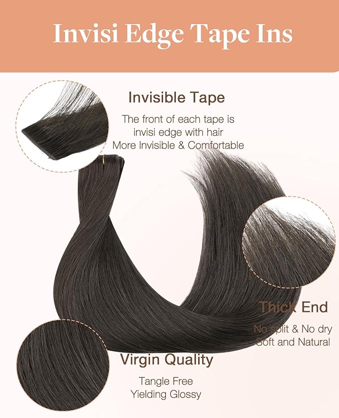 GOO GOO Invisi Edge Tape in Hair Extensions Human Hair, 1C Mocha Brown10pcs injected with 10pcs classical tape ins, 16inch 50g, Virgin Remy Hair, Natural Look