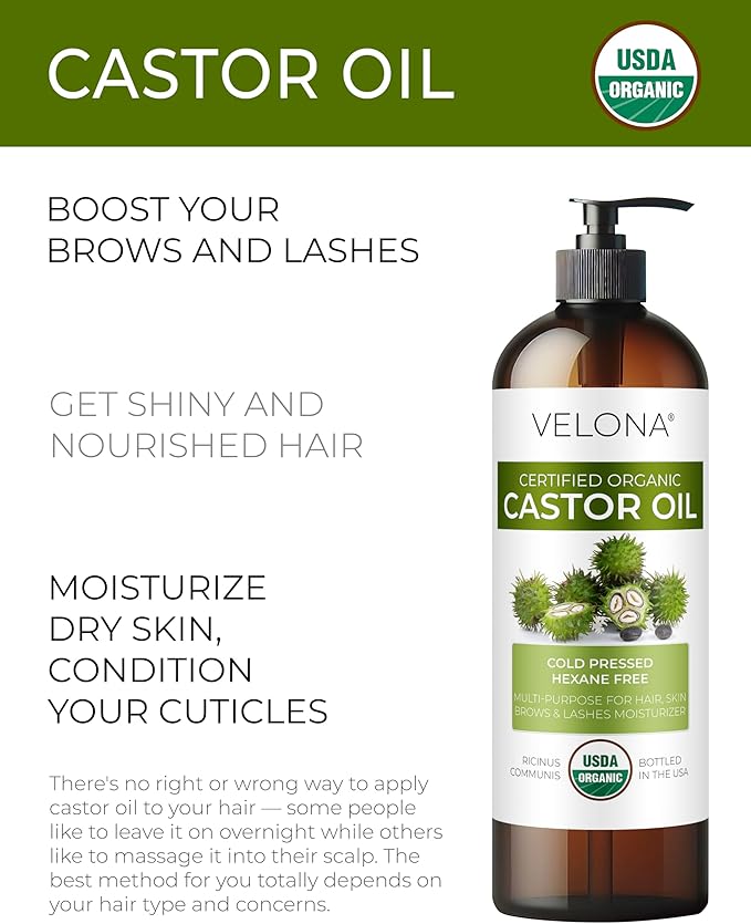 velona USDA Certified Organic Castor Oil - 8 Fl Oz | For Hair, Boost Eyelashes, Eyebrows | Cold pressed, Natural Oil, USP Grade | Hexane Free, Lash Serum, Caster…