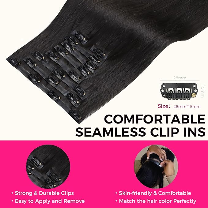 Lashey Seamless Clip in Hair Extensions Human Hair 150g 9pcs Light Yaki Straight Natural Black Real Human Hair Clip ins for Women 24 Inch