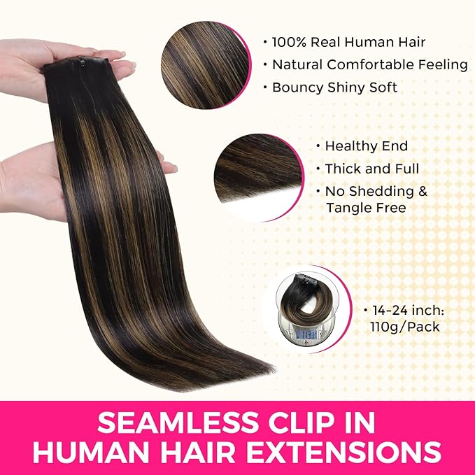 Lashey Seamless Clip in Hair Extensions Human Hair Natural Black Mixed Chestnut Brown 24 Inch Long Clip in Hair Extensions 110g 7pcs Straight Real Human Hair for Black Women