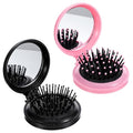 2PCS Folding Travel Mirror Hair Brushes, Round Folding Mirror Pocket Hairbrush, Foldable Hair-Brush with Makeup-Mirror for Women, Portable Mini Pop Up Hair-Brushes for Wet and Dry Hair (Black, Pink)