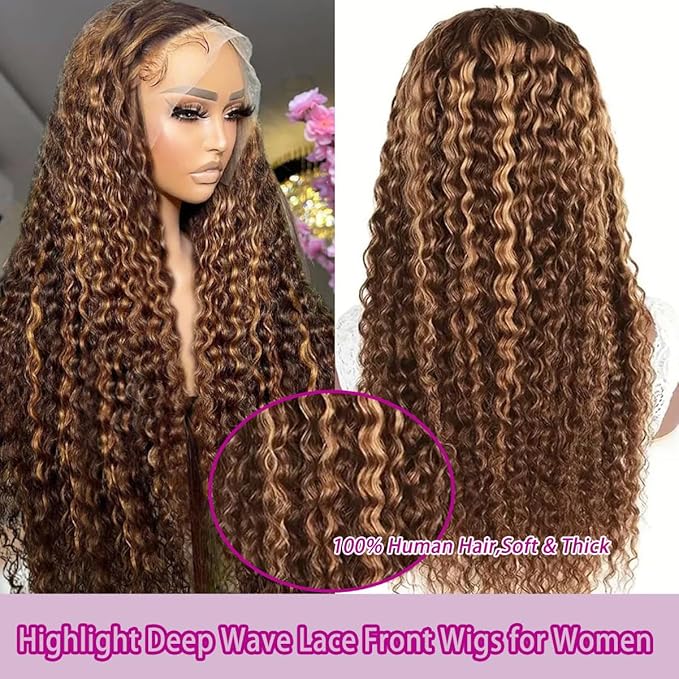210% Density 13x6 Ombre Blond Lace Front Wig 4/27 Highlight Deep Wave Lace Front Wigs Human Hair Pre Plucked with Baby Hair Deep Curly Glueless Wigs for Women 24 Inch