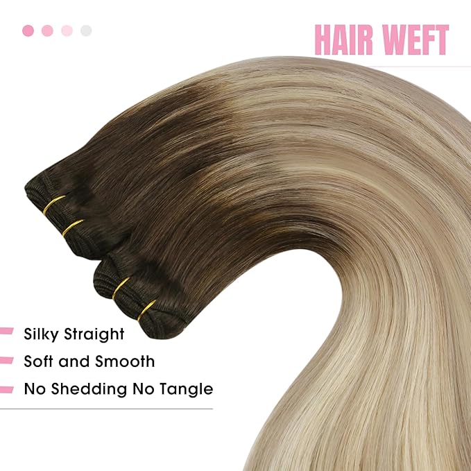 YoungSee Weft Hair Extensions Ombre Sew in Hair Extensions Real Human Hair Brown Ombre Golden Blonde with Platinum Blonde Balayage Weft Hair Extension Human Hair for Women 16Inch 100G