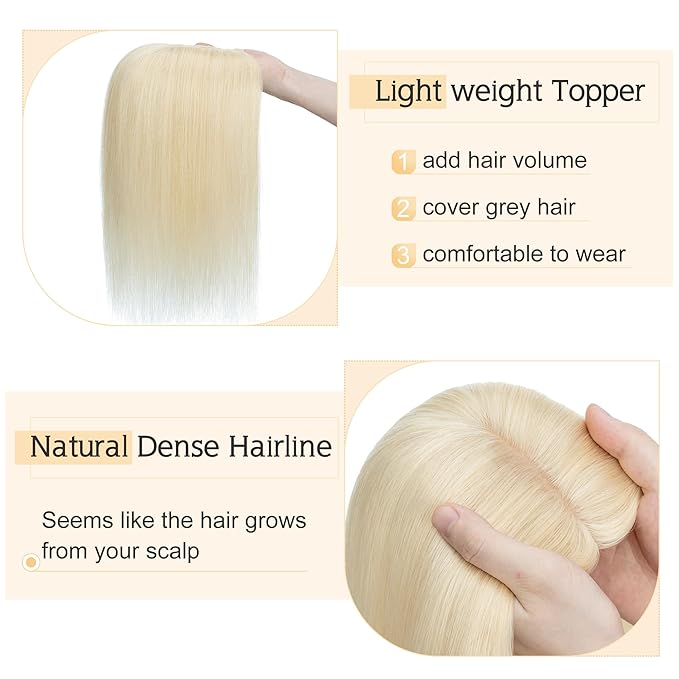 SEGO Human Hair Toppers for Women With Thinning Hair, 7 * 13CM Silk Base 100% Real Human Hair Clip in Top Wiglet Hairpieces //10 Inch No Bangs Platinum Blonde