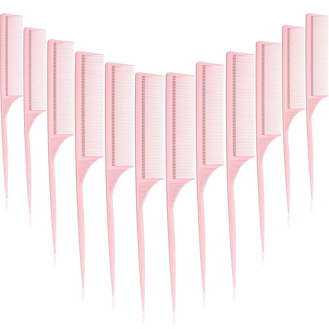 Leinuosen 10 Pcs Rat Tail Comb Styling Carbon Heat Resistant Anti Static Teasing Comb for Back Root Tease Adding Volume Evening Styling(Pink)