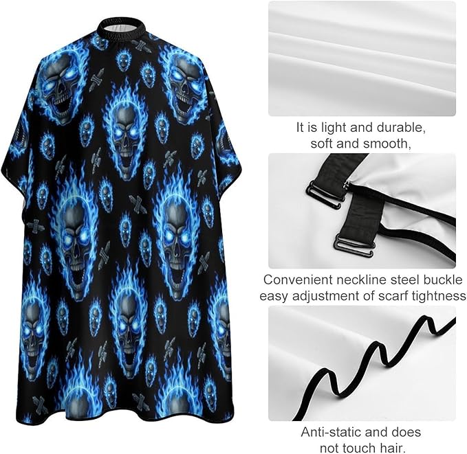 Full Coverage Hair Styling Cape, Blue Fire Flame Skull Professional Hair Cutting Apron Haircuting Salon Cape Gown for Barbers