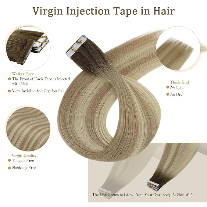 Full Shine Virgin Tape in Hair Extensions Human Hair 5Pcs Color 2/18/22 Balayage Injection Tape in Extensions 18 Inch Machine Remy Human Hair Extensions Seamless Skin Weft Tape in Hair 12.5Gram