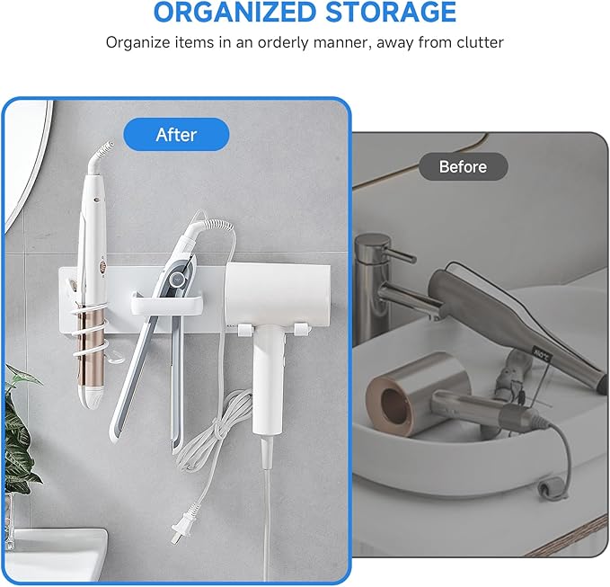 Hair Dryer Holder Wall Mounted,Blow Dryer, Curling Iron, Straightener Holder 3 in 1 Bathroom Metal Hair Tool Organizer Rack-Matte White-2