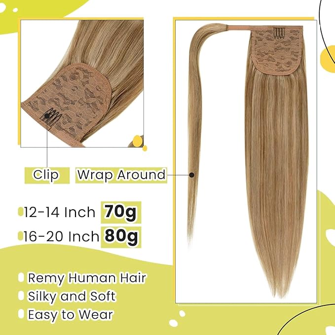 RUNATURE Hair Ponytail Extension Blonde Straight Human Hair Ponytail Extension 16 Inch Dark Blonde with Caramel Blonde Short Ponytail Human Hair Extension with Magic Paste Full Ends 80g
