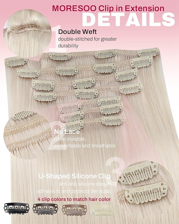 Moresoo Clip in Hair Extensions Real Human Hair Blonde Human Hair Extensions Clip ins Remy White Blonde Thick Straight 150g/7pcs 20 inch