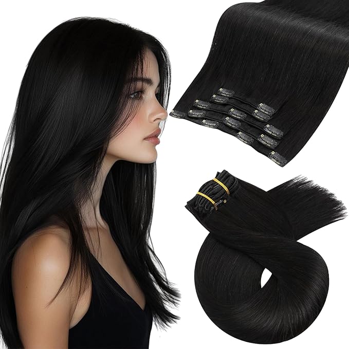 Moresoo Clip in Hair Extensions Natural Black Remy Straight Invisible Lace Double Weft Clip in Human Hair Extensions Natural Black #1b 5pcs 80g 18inch