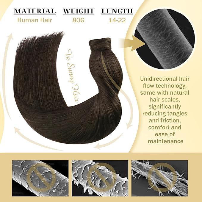 Ve Sunny Hair Extensions Ponytail Real Human Hair 80G Wrap Around Clip in Ponytail Hair Extensions Straight Extensions Human Hair for Women Brunette Dark Brown 14inch