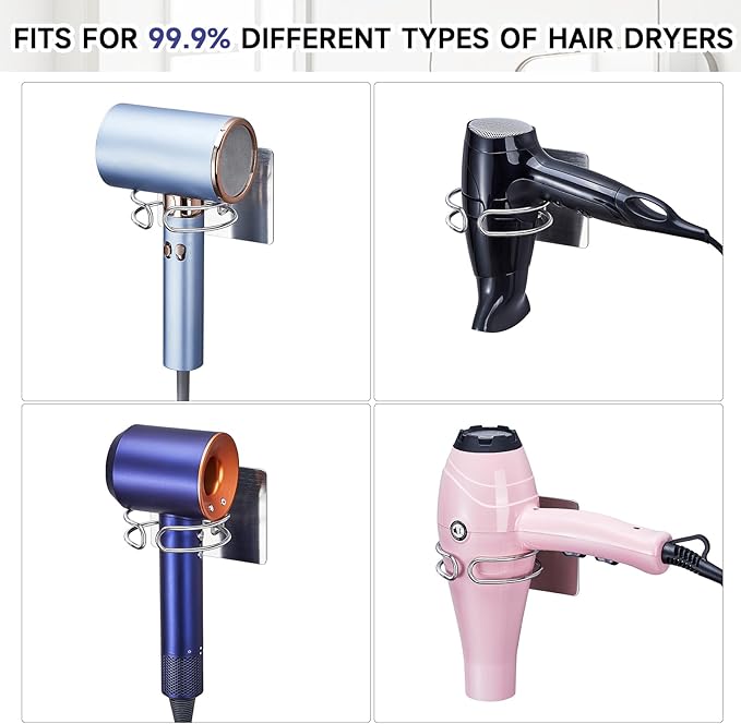 Hair Dryer Holder Wall Mounted, Hairdryer Holder for Bathroom, Blow Dryer Holder, Hair Tool Organizer for Hair Dryer Hanger Storage, Adhesive Blow Dryer Organizer (Silver)