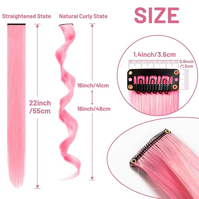 16 Pcs Pink Hair Extensions Curly Wavy Clip in Synthetic Hair Extensions,Colorful Party Highlights Hairpiece Streak for Girls Women Kids Cosplay Party Gift(Pink)