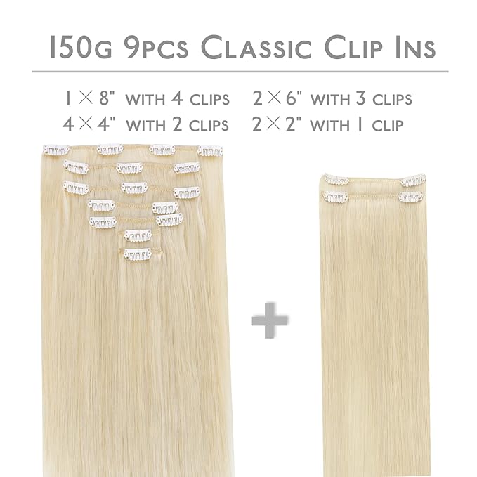 WENNALIFE Clip in Human Hair Extensions, 16 Inch 150g 9pcs Clip in Hair Extensions Real Human Hair, Platinum Blonde Human Hair Clip in Extensions Remy Human Hair Extensions Clip Ins Double Weft