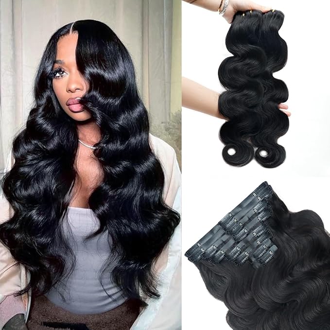 2 Pack 240g Body Wave Seamless Clip in Hair Extensions 16Pcs Full Head 15A Real Human Hair Clip ins with PU Skin Weft 24inch Natural Black