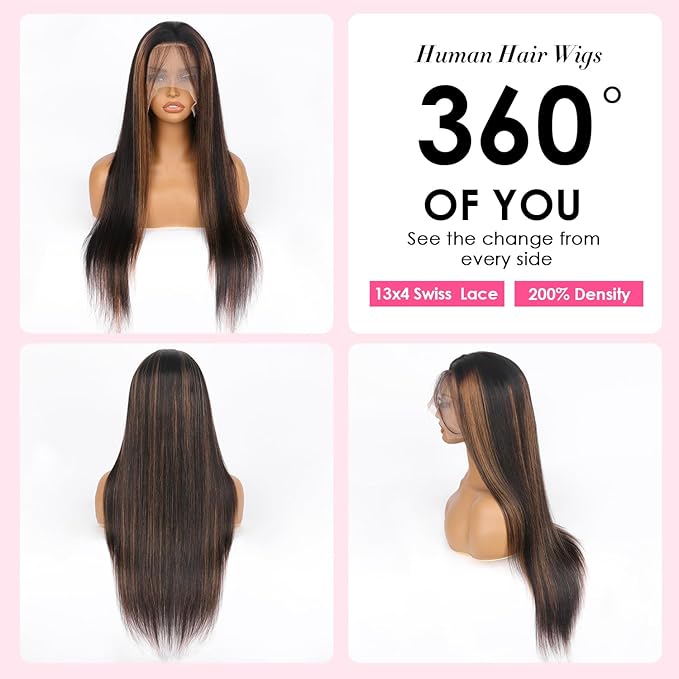28 Inch Ombre Lace Front Wig Human Hair 1B/30 Highlight Straight Lace Front Wigs Human Hair Colored 13x4 Brown Wig Human Hair 200% Density Balayage Glueless HD Lace Frontal Wigs