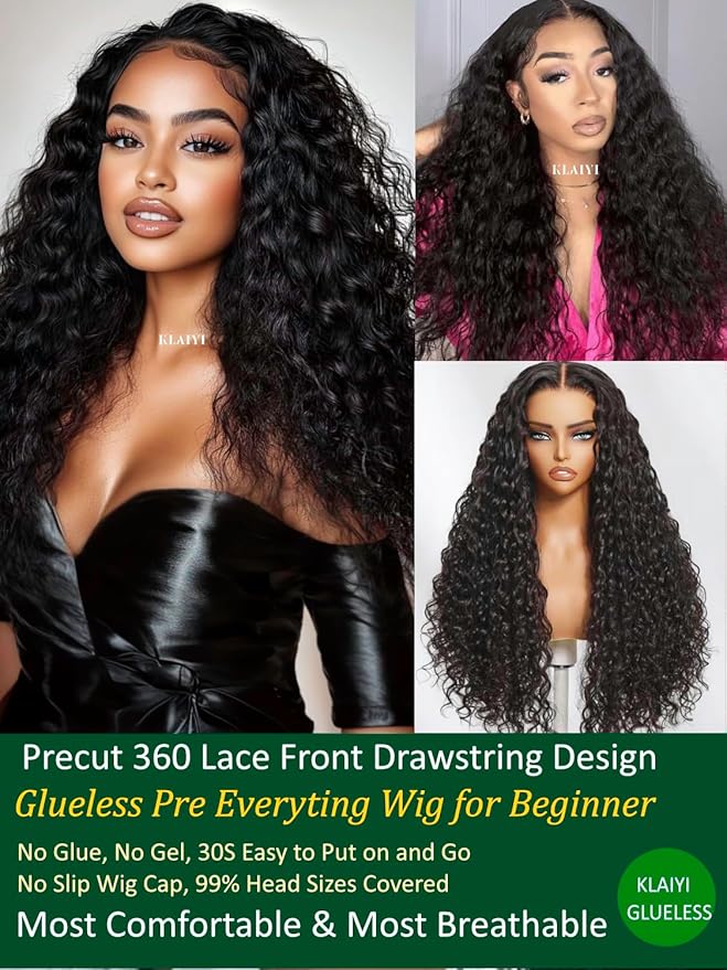 KLAIYI Water Wave Pre Cut 360 Full Lace Frontal Glueless Wig Human Hair Drawstring Pre Plucked Bleached Bye Bye Knots Pre Everything Ready to Wear And Go Curly Beginner Wig with Baby Hair 180% 26Inch