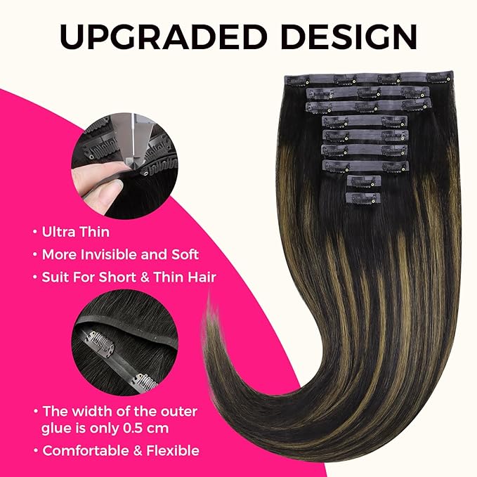 Lashey Seamless Clip in Hair Extensions Human Hair 130g 9pcs Straight Natural Black Mixed Chestnut Brown 14 Inch Hair Extensions with PU Soft Invisi Edge for Women