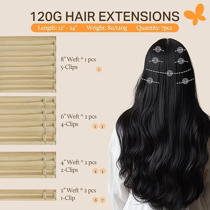DOORES Clip in Human Hair Extensions, Dirty Blonde Highlight Golden Blonde 100g 7pcs 14 Inch, Remy Straight Weft Natural Thick Real Hair