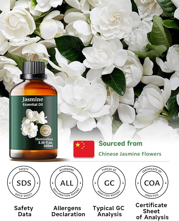 Pure Jasmine Essential Oil for Bedtime Atmosphere, Evening Relaxation & Pillow Mist, Mumianhua Natural Floral Bliss for Diffuser, Skin, Hair Care, Calming Blends, Perfume, Candle Making 3.38 Fl Oz
