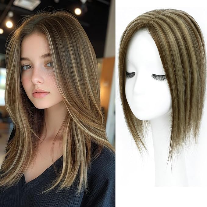 Hair Toppers for Real Human Hair, 360° 3D Human for Women with Thinning Hair Upgrade Middle Part Clip in Bangs Pieces for Women Daily (P4/27, 14 Inch-3D-Side)