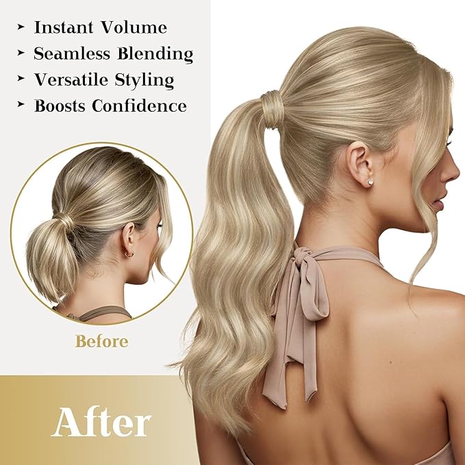 Ve Sunny Hair Extensions Ponytail Real Human Hair 80G Wrap Around Clip in Ponytail Hair Extensions Straight Extensions Human Hair for Women Dark Blonde Highlights Golden Blonde 14inch