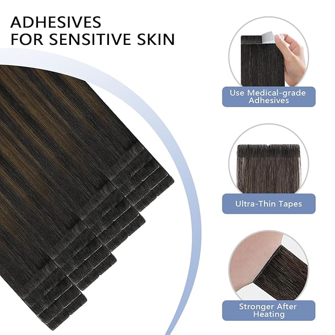 COOKAYU Invisi Edge Tape in Hair Extensions Real Human Hair Seamless Injected Tape Ins 14Inch 20pcs 30g Natural Black to Medium Brown and Caramel blonde Extensions