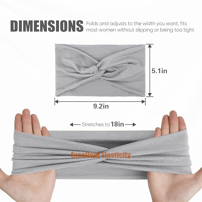 Headbands for Women, Non Silp Wide Hair Bands, Elastic Thick Head Bands, Stretchy Soft Sports Sweat Bands for Spa Workout Running Gym, Cotton Cloth Hair Accessories 6Pcs, Two Black/White/Gray