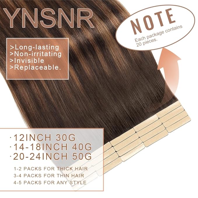 Tape in Hair Extensions Human Hair Dark Brown to Mixed Chestnut Brown Hair Extensions 18 Inch 20pcs Remy Straight Human Hair Tape in Extensions Skin Weft Tape Extensions Human Hair