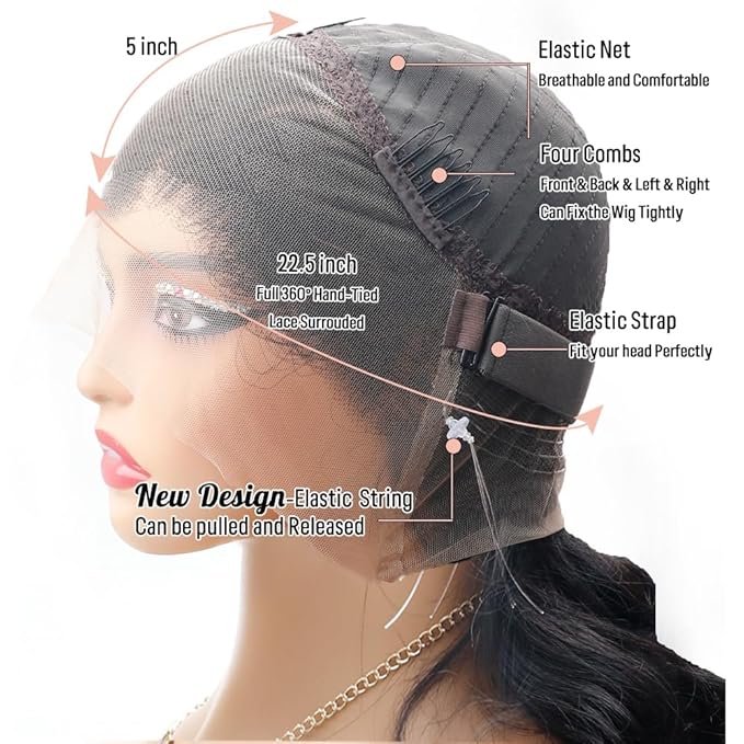 360 Lace Front Wigs Human Hair Body Wave 200% Density Upgraded Hidden Straps 360 HD Full Lace Wigs Human Hair With Drawstring Pre Plucked With Baby Hair for Women Natural Black 32 Inch