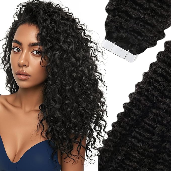 Sunny Hair Curly Tape in Hair Extensions Human Hair Kinky Curly Tape in Extensions for Women Real Hair Natural Black Tape in Human Hair Extensions 14 inch 50g