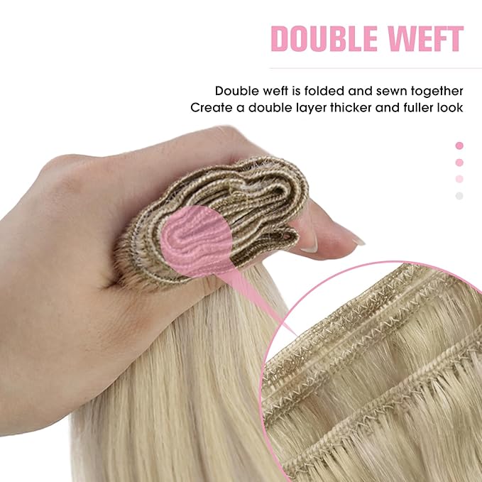 YoungSee Weft Hair Extensions Highlight Warm Ash Blonde Mix Bleach Blonde Human Hair Sew in Extensions Highlights Hair Extensions Weft Soft Remy Hair 18Inch 100G