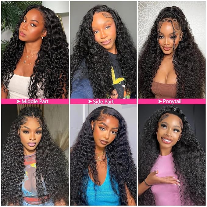 28 Inch 13×6 HD Lace Front Wigs Human Hair Water Wave 200 Density Lace Frontal Wigs Pre Plucked Deep Curly Human Hair Wig for Women Natural Black