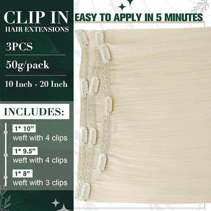RUNATURE Blonde Human Hair Clip in Extensions, 18 Inch Clip in Hair Extensions Real Human Hair, Remy Straight Hair Clip Ins, Tangle Free Hair Natural Looking, 50g 3pcs #800 Platinum Blonde