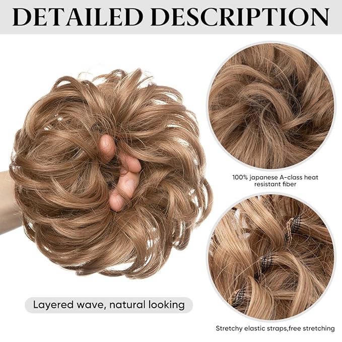 SARLA 2PCS Messy Hair Bun Hair Pieces Wavy Curly Synthetic Updo Fake Scrunchies Ponytail Extension for Women Grey Multi