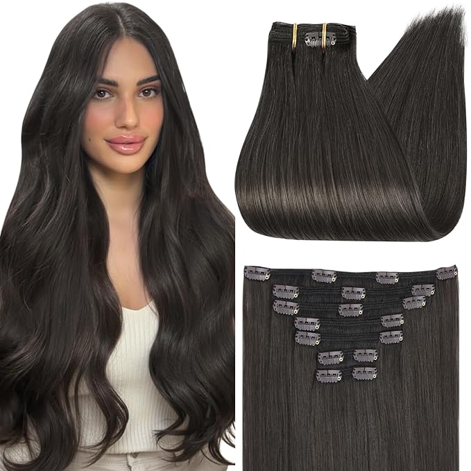 Full Shine Invisible Clip in Hair Extensions Human Hair Soft Black Real Human Hair Extensions Clip ins 12 Inch 95 G 7 Pcs