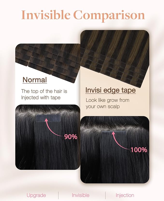 GOO GOO Invisi Edge Tape in Hair Extensions Human Hair, 2/6 Dark Brown Highlighted Chestnut Brown, 20pcs 14inch 50g, Virgin Remy Hair, Seamless Injected Tape, Natural Look