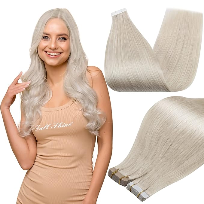 Full Shine Natural Tape in Hair Extensions Color 1000 Tape in Extensions Human Hair Double Sided Adhesive Invisible Extension 20Inch Long Skin Weft 100G 40Pcs for Party