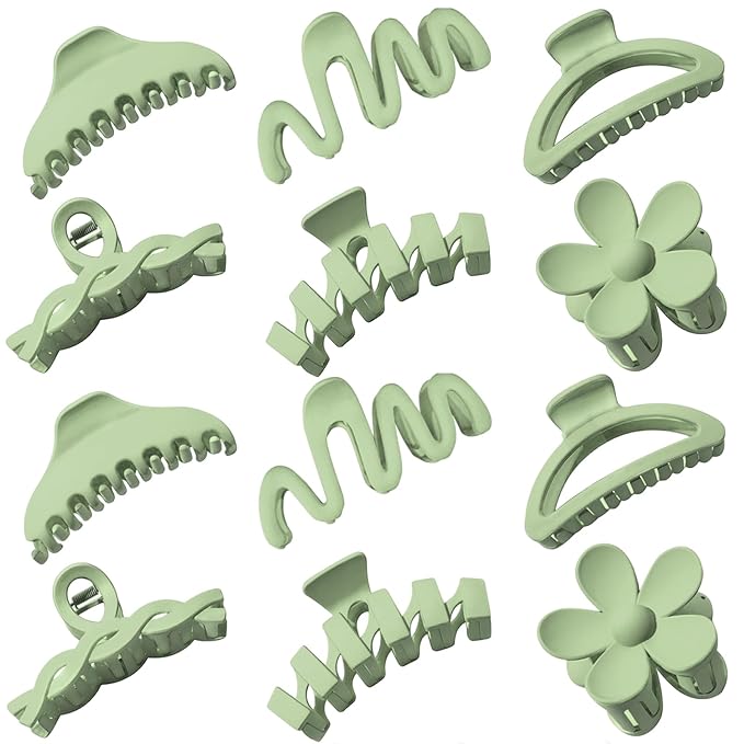 12 Pcs Claw Clips, Multi-Shapes Hair Clips for Women Girls, Non-Slip Large Jaw Claw Clips for Thick Thin Curly Hair Accessories (Green)